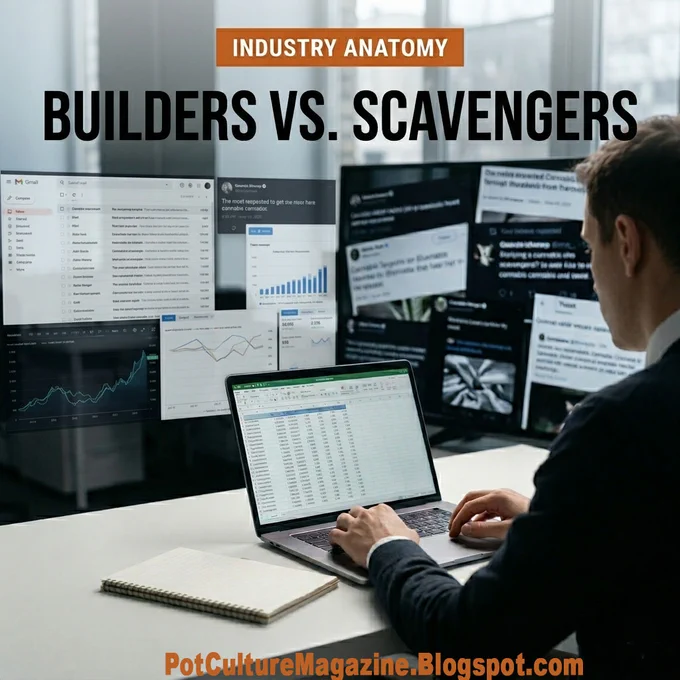 Person sitting at a desk working on a laptop surrounded by multiple monitors showing charts spreadsheets emails and social media posts in a modern office, orange banner reading Industry Anatomy above bold text reading Builders vs Scavengers, with PotCultureMagazine.Blogspot.com at the bottom and the Pot Culture Magazine logo included.