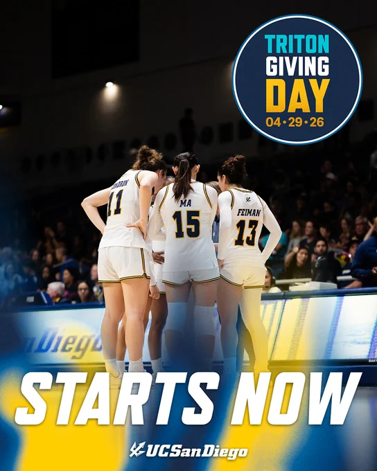 A group of UC San Diego basketball players in a huddle on the court. The image features a "Triton Giving Day 04-29-26" logo in the top-right corner. Text at the bottom reads "Starts Now" with UC San Diego logo.