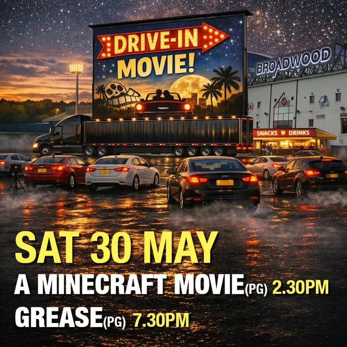 Cars parked at a drive-in movie theatre under a starry sky. This image is AI-generated.
