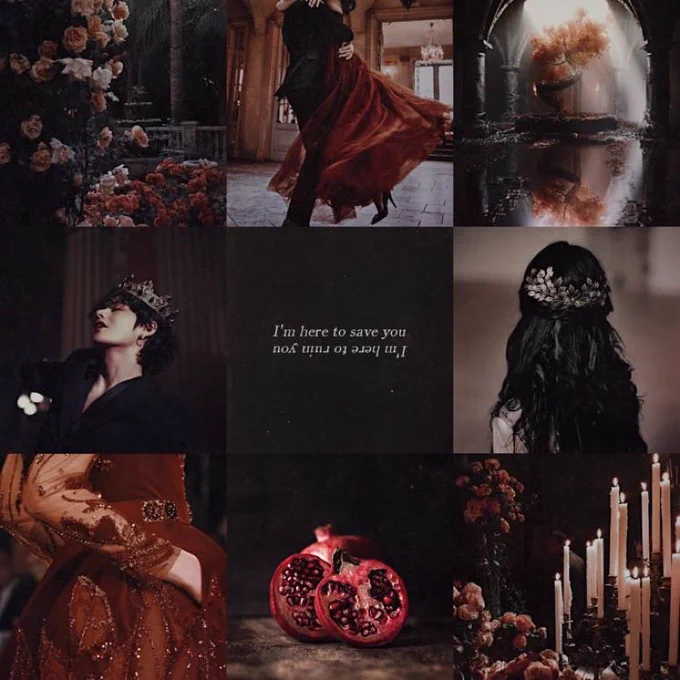 A 3x3 image moodboard featuring the following images: a stone courtyard overgrown with pale pink and red roses; a man in a black suit and a girl in a red gown dancing in a ballroom; a tree with copper leaves growing in the underground chamber of a castle; Kim Tae-hyung of BTS wearing a black jacket and crown from the "Black Swan" music video; a black background with the text "I'm here to save you, I'm here to ruin you;" the back of a dark-haired girl's head; a close-up of a woman's hands in the pockets of a red gown; a red pomegranate split in two down the middle; and several dripping wax candles on a table full of reddish-pink flowers.