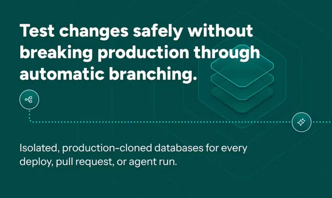 Teal Netlify graphic with layered database icon and connection nodes. Headline reads “Test changes safely without breaking production through automatic branching.” Supporting text describes isolated, production-cloned databases for deploys and pull requests.