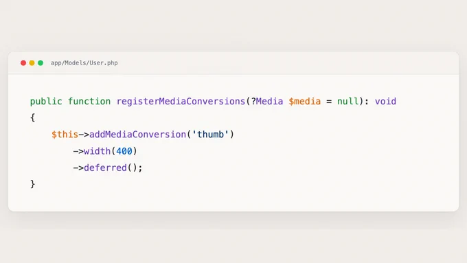 Code snippet demonstrates a PHP function for registering media conversions in Laravel, specifying conversion width and deferred execution.