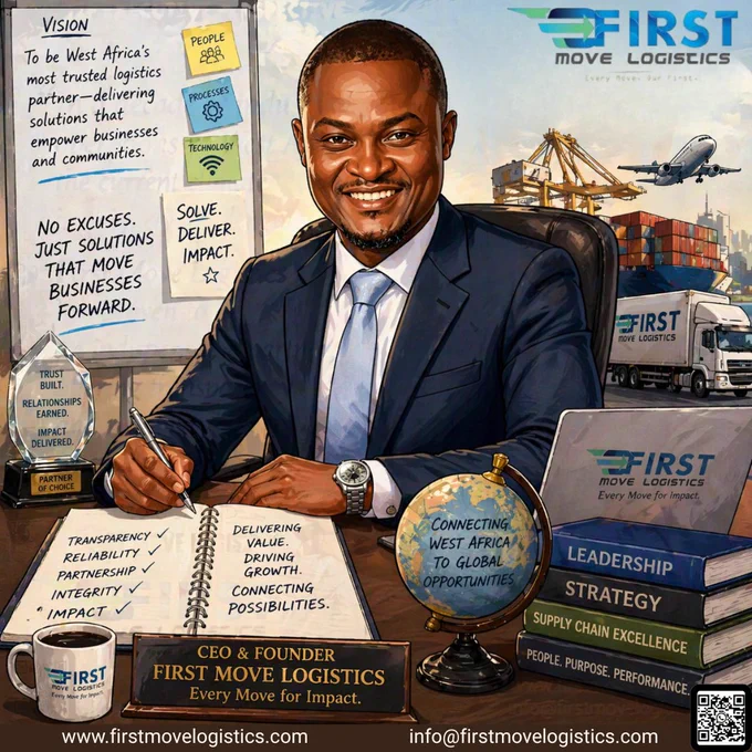 Leadership driven by vision, integrity, and impact 🌍📦

At First Move Logistics, we believe logistics is more than moving cargo — it’s about building trust, creating partnerships, and delivering solutions that empower businesses across West Africa and beyond.

With a commitment to transparency, reliability, and excellence, we continue connecting opportunities and driving growth through smart logistics solutions.

🌐 Connect with us
🌍 www.firstmovelogistics.com
📧 info@firstmovelogistics.com

🔗 Our Social Handles

First Move Logistics
Facebook : https://www.facebook.com/firstmovelogistics
Instagram : https://www.instagram.com/firstmovelogistics
LinkedIn : www.linkedin.com/company/first-move-logistics
Twitter/X : https://x.com/FirstMoveLog
YouTube : https://youtube.com/@firstmovelogisticsfml?si=P-EHSC7J_T-mqxfr

