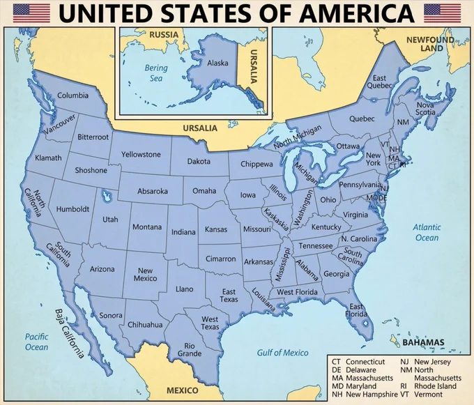 This alternate history map visualizes a maximalist "Manifest Destiny" for the 🇺🇸 United States in the 1840s. 

It depicts the total annexation of 🇨🇦 Canada and the northern half of 🇲🇽 Mexico, including Baja California and Sonora. Key features include the division of Texas and California into multiple states, the split of 🇺🇸 Florida, and the inclusion of hypothetical regions like Absaroka and Ursalia. It represents a timeline where 🇬🇧 Britain and 🇲🇽 Mexico ceded all territorial disputes to American expansionists.