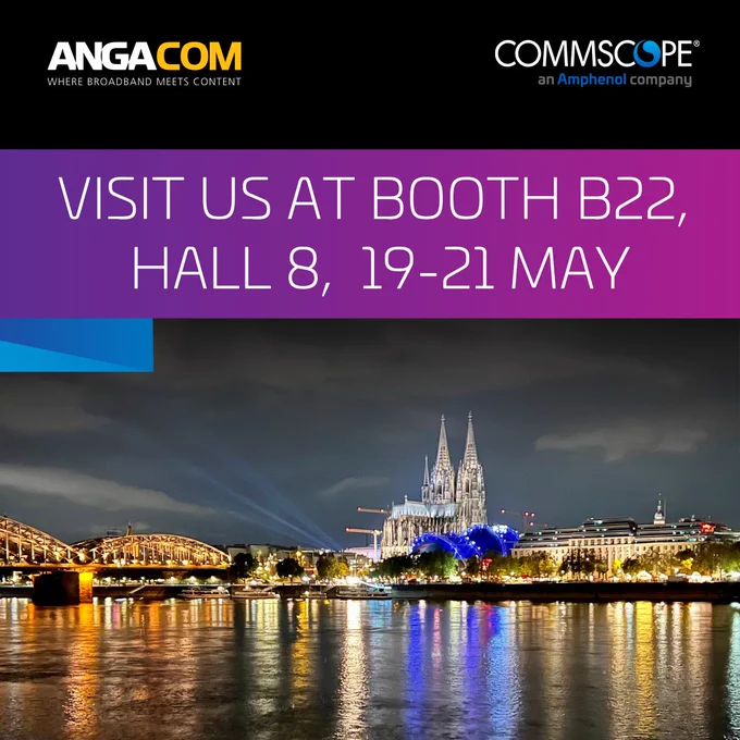 Night view of Cologne Cathedral and the Hohenzollern Bridge, illuminated over the Rhine River, with event details for booth B22, Hall 8, 19-21 May.