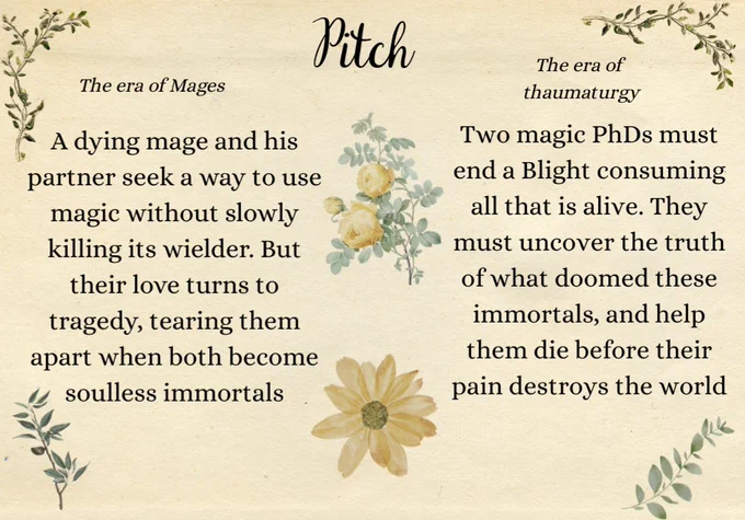 Pitch page, paper background with plant edges and yellow flowers. The era of Mages: a dying mage and his partner seek a way to use magic without slowly killing its wielder. But their love turns to tragedy, tearing them apart when both become soulless immortals. The era of thaumaturgy: Two magic PhDs must end a Blight consuming all that is alive. They must uncover the truth of what doomed these immortals and help them die before their pain destroys the world. 
