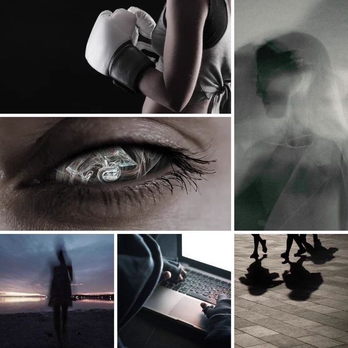 A collage of 6 images including a woman boxing, a ghostly shadow of a woman, swirling light within an eye, a distorted silhouette, a hooded figure typing and the shadow of three people walking. The collage is intended to create the impression of shapeshifters, espionage and isolation.