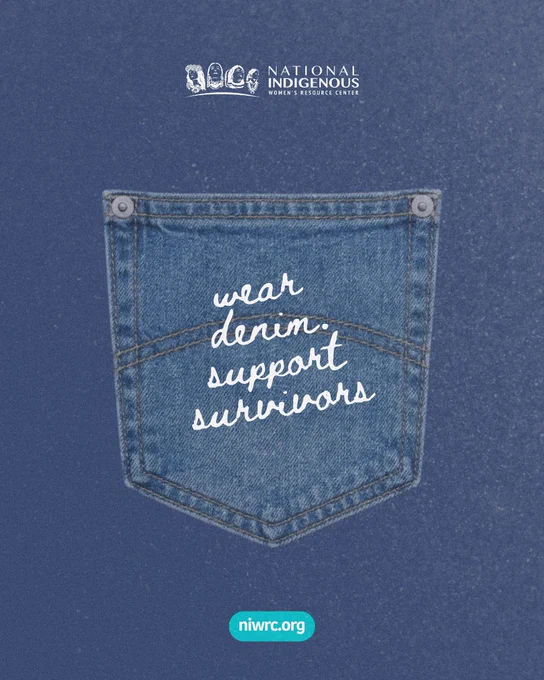 A denim pocket is centered on a textured blue background. The text on the pocket reads, "wear denim. support survivors." The logo and name "National Indigenous Women's Resource Center" appear at the top, and "niwrc.org" is at the bottom.