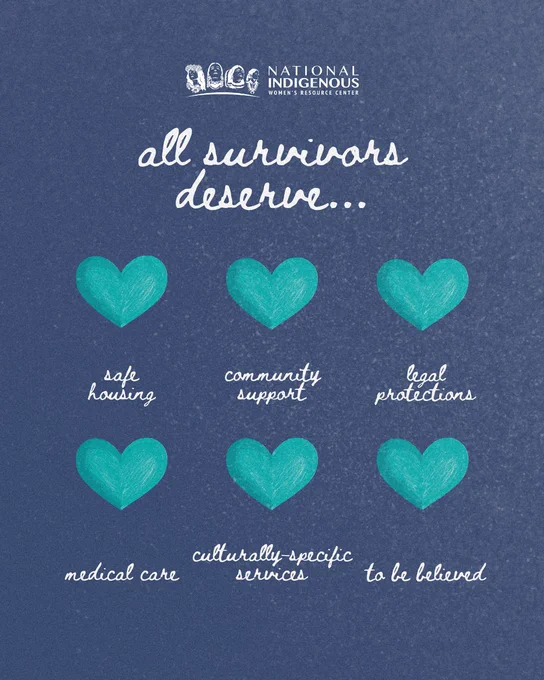 A poster by the National Indigenous Women's Resource Center features six teal hearts arranged in two rows. The poster's main message, "all survivors deserve…", appears at the top. Each heart is accompanied by text: "safe housing," "community support," "legal protections," "medical care," "culturally-specific services," and "to be believed." 
