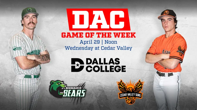 Dallas College Brookhaven baseball pitcher Clay Mixon (left, folding his arms) and Dallas College Cedar Valley's Kai Kirchheiner (right, folding arms) face inwards towards the DAC Game of the Week logo. Cedar Valley hosts Brookhaven at 12 p.m. at Lancaster High School on the DAC Sports Network.