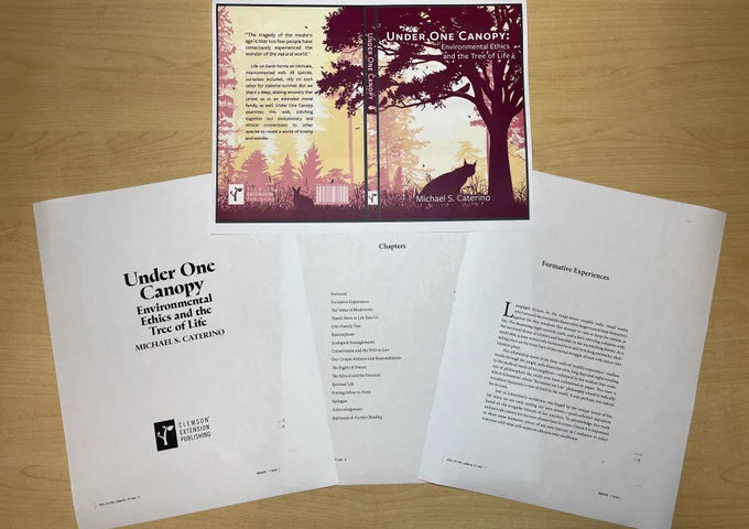 Photo of a cover and three random pages from the layout proofs of a book. Title: Under One Canopy: Environmental Ethics and the Tree of Life, by Michael S. Caterino. The cover features a burgundy silouette of a spreading tree against a dawn sky, with silouettes of a bobcat, rabbit, and a few insects against a woodland background. The three pages below are the title page, Table of Contents: Foreword, Formative Experiences, The Status of Biodiversity, There’s More to Life than Us, Life’s Family Tree, Biomorphism, Ecological Entanglements, Conservation and the Will-to-Live, Our Unique Abilities and Responsibilities, The Rights of Nature, The Ethical and the Practical, Spiritual Life, Putting Ethics to Work, Epilogue, Acknowledgments, References & Further Reading. On right is the first page of the chapter 'Formative Experiences': Lamplight flickers on the rough-hewn wooden walls. Small moths whirl around the irresistible flame while larger insects beat themselves against the thin windows..