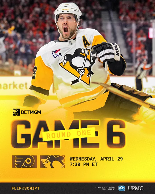 Photo of Kris Letang in a game day graphic that shows the Penguins play the Flyers in Game 6 in Philly at 7:30 PM ET.