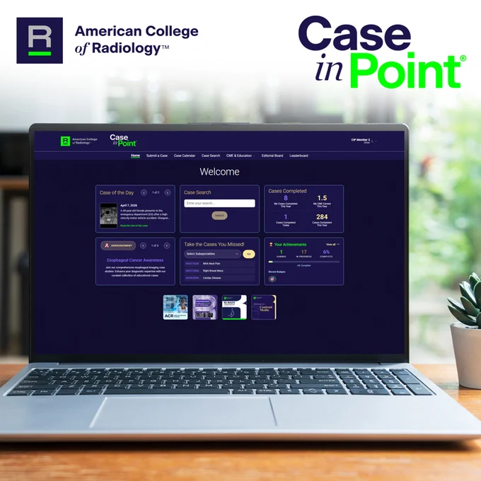A laptop is open on a table displaying the "Case in Point" webpage by the American College of Radiology. The screen shows several sections, including "Case of the Day" and "Take the Cases You Missed," with various statistics and images. The background includes blurred greenery.