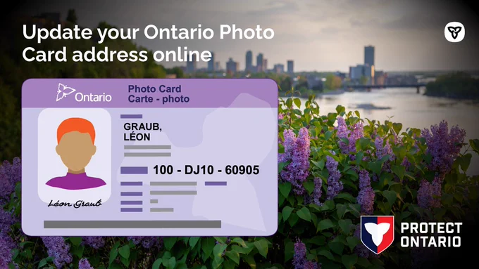 Ontario Photo Card. Text: Update your Ontario Photo Card address online