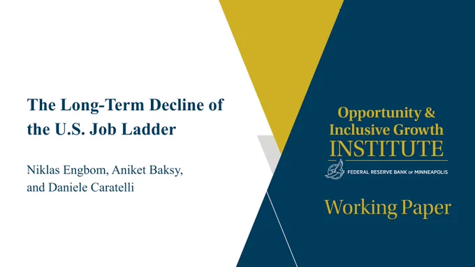 Cover of a working paper titled "The Long-Term Decline of the U.S. Job Ladder" by Niklas Engbom, Aniket Baksy, and Daniele Caratelli. It features the logo of the Opportunity & Inclusive Growth Institute at the Federal Reserve Bank of Minneapolis.