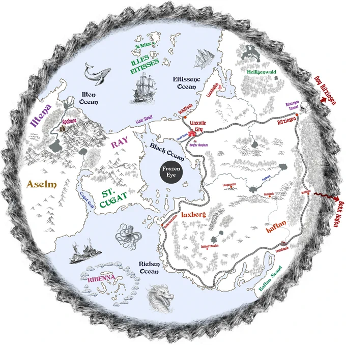 The map of planet Hymber’s dark hemispheroid where the majority of the high fantasy novel I #amquerying is set within my quirky fantasy universe called #Wisteraverse.