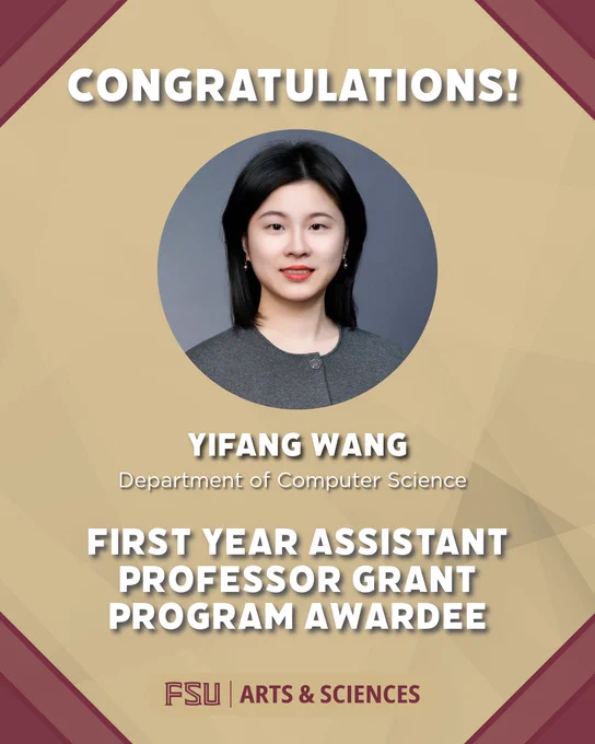 Congratulatory graphic with a headshot photo of Yifang Wang.