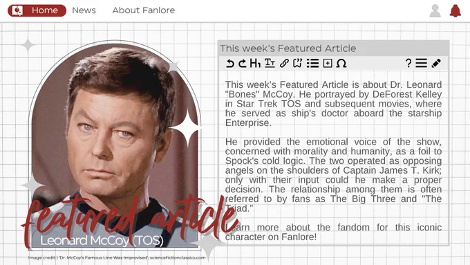 Grey and white background that looks like a blog post. On the left is an image of Bones with one eyebrow raised. Text on the left reads 'Featured Article, Leonard McCoy (TOS) ', Text on the right reads 'This week's Featured Article' the remainder of the text is from the featured article post.
