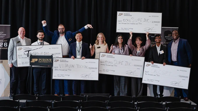 Startup companies led by Purdue University students — CalcGPT, echoSURE, Kova Group and VitaWave Tech — won $50,000 in cash prizes during the 2026 New Venture Challenge organized by the Purdue Innovates Incubator.