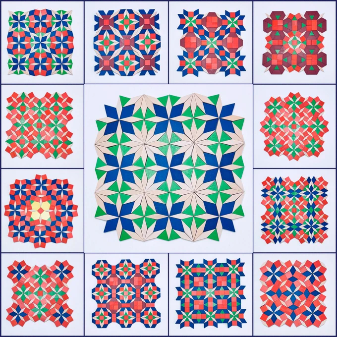 This image shows pattern block designs arranged in a 4 by 4 grid, with the center four squares merged to highlight a larger design. It features 13 unique pattern block creations from April.