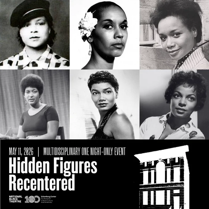 Collage of six black-and-white portraits of African American women from different eras, promoting the Hidden Figures Recentered event. The day, date, and time are listed. 