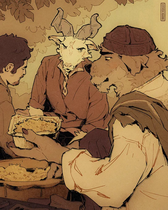 A group of characters eating rice outside.