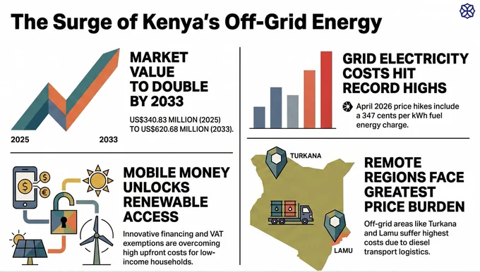 The Kenya off-grid energy market was valued at US$340.83 million in 2025 and is projected to reach US$620.68 million by 2033, registering an impressive CAGR of 7.89% between 2026 and 2033