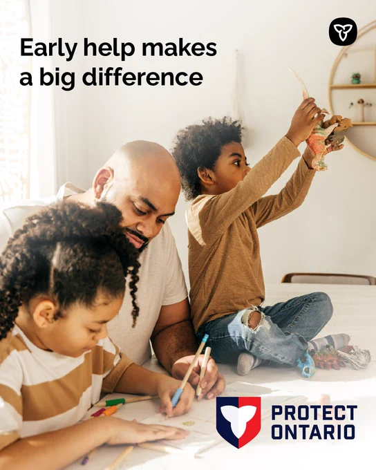 Father helping two children with drawing and toys; text reads "Early help makes a big difference."