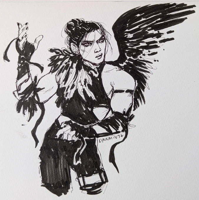 pen drawing on textured paper; legacy yeosang with one black wing
