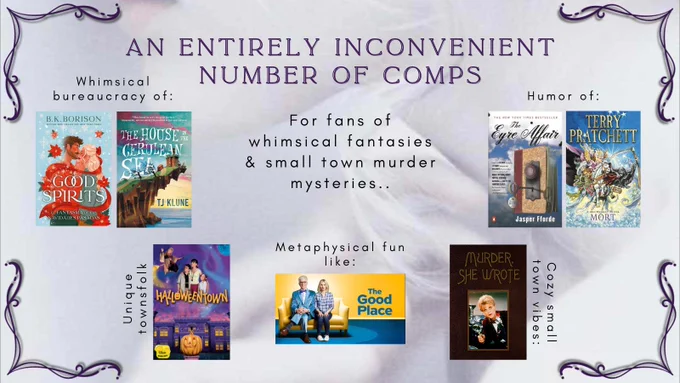 Slide #3 - An Entirely Inconvenient Number of comps The whimsical bureaucracy of The House in the Cerulean Sea Unique townsfolk like Halloween Town Cozy small town vibes like Murder She Wrote For fans of cozy fantasies & coffee shops like Legends and Lattes, but with the higher stakes of murder. Metaphysical Fun like: Good Omens and The Good Place Humor of: The Eyre Affair and Mort