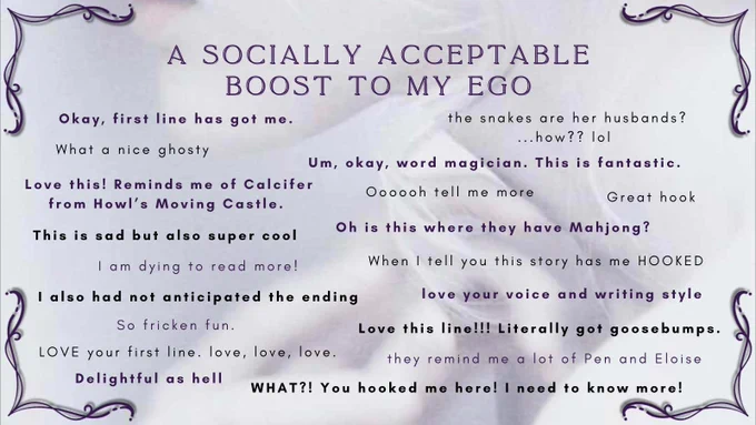 Slide 4: A socially acceptable boost to my ego features quotes from people who have read A Wayward Balance such as "When I tell you this story has me HOOKED" and "So fricken fun"