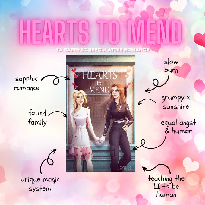 Heart-covered white background. Image in the center is artwork of a blonde girl in a strawberry dress holding hands with a brunette in all black standing in front of a clinic called HEARTS TO MEND. Text reads: YA sapphic speculative romance. Sapphic romance, slow burn, grumpy x sunshine, equal angst&humor, found family, unique magic system, teaching the LI to be human