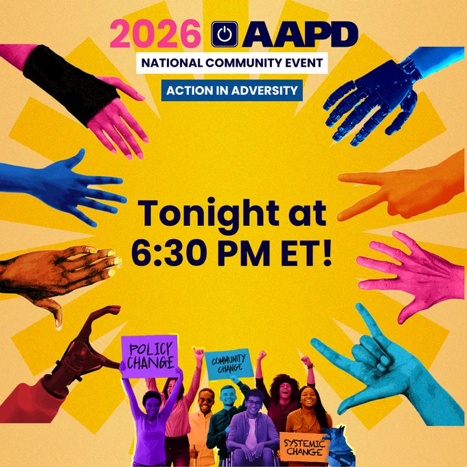Colorful hands reaching inward around text announcing the 2026 AAPD National Community Event at 6:30 PM ET focused on action in adversity.