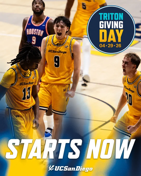Basketball players from UC San Diego wearing yellow uniforms celebrate energetically on a court. Text on the image reads "Triton Giving Day 04-29-26" and "Starts Now" with a UC San Diego logo.
