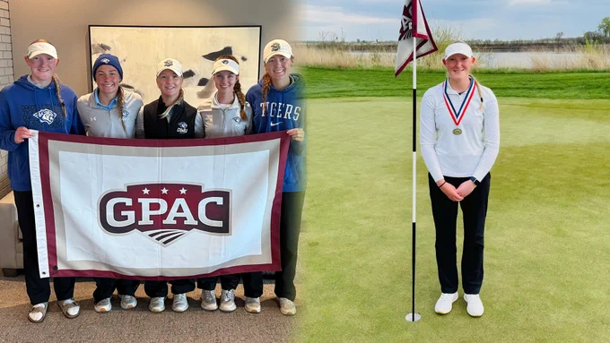The 2025-26 DWU Women's Golf team holding up a GPAC banner faded into another photo of Allison Meyerink standing by the final hole with her first-place medal on, photos by Great Plains Athletic Conference