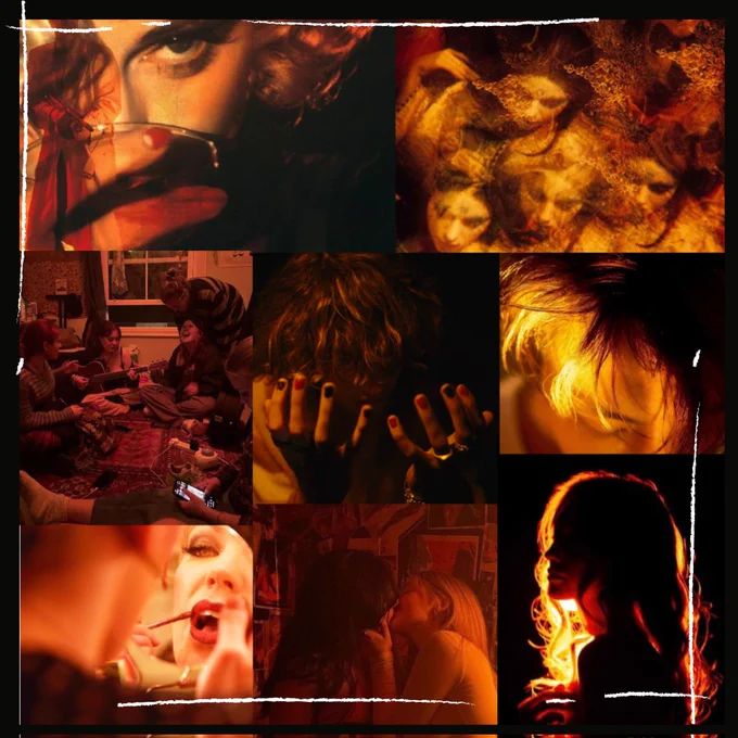Orange and black moodboard. Fragments of female faces. Sapphic kiss. Boy with nail polish. High contrast. Bold backlighting.