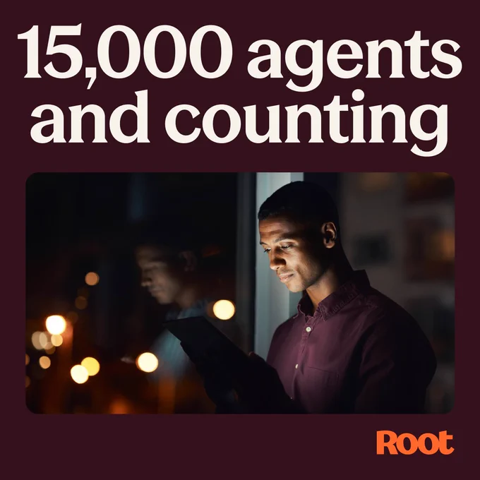 A dark plum square graphic with large white text at the top reading "15,000 agents and counting." Below the text is a photo of a man in a plum shirt looking at a tablet at night, with lights blurred in the background. The orange Root logo is in the bottom right corner.