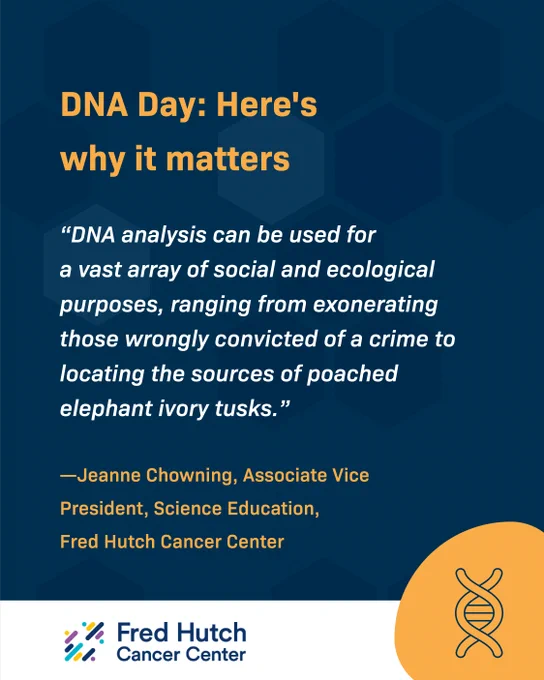 Text reads: DNA Day: Here's why it matters. "DNA analysis can be used for a vast array of social and ecological purposes, ranging from exonerating those wrongly convicted of a crime to locating the sources of poached elephant ivory tusks." — Jeanne Chowning, Associate Vice President, Science Education, Fred Hutch Cancer Center