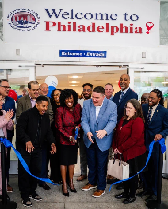 Mayor Cherelle L. Parker and city leadership at a ribbon cutting ceremony for a new bus terminal in Philadelphia.