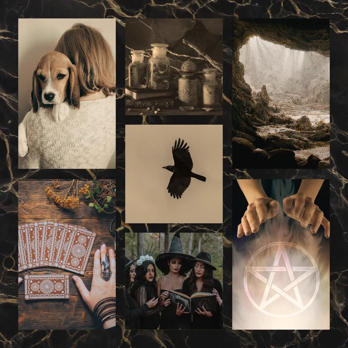 Woman holding a hound, mysterious bottles, cave, crow, tarot cards and a woman's hand wearing rings and a bracelet, four witches, hands hovering over hex sign