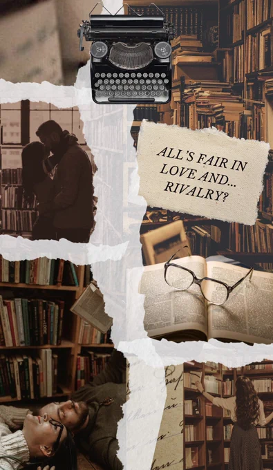 A collage of photos inside a library or bookshop. Couples are kissing and a woman is looking at a bookshelf. A typewriter is visible in the graphic. “All’s Fair in Love and…Rivalry?” is written in the graphic.