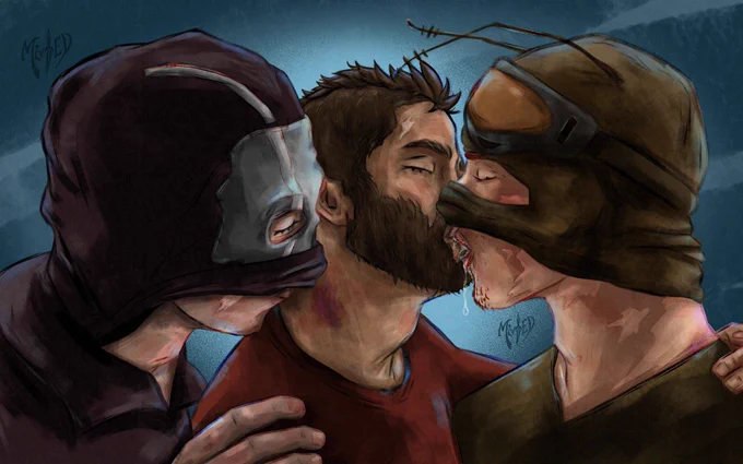 Art of Ghost, Soap and Roach kissing. Ghost is standing to the left and mouthing at Soap's neck. Soap is in the middle while in a kiss with Roach. Roach is to the right, kissing Soap with a drip of salvia coming from his mouth.