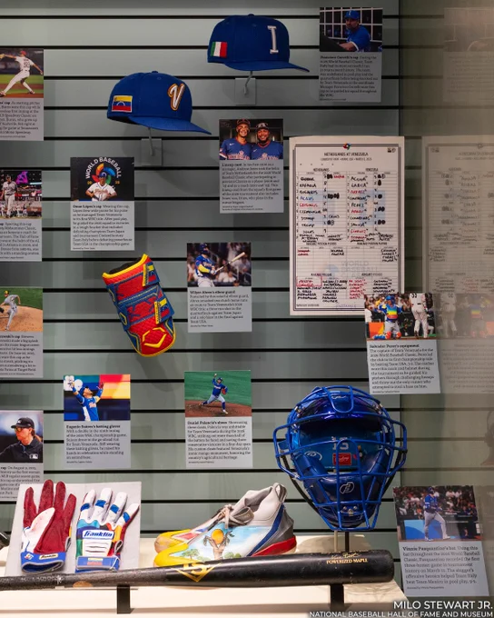 World Baseball Classic artifacts in the Today’s Game case of the Museum’s Whole New Ballgame exhibit. Additional objects include a lineup card and bat. (Milo Stewart Jr./National Baseball Hall of Fame and Museum)