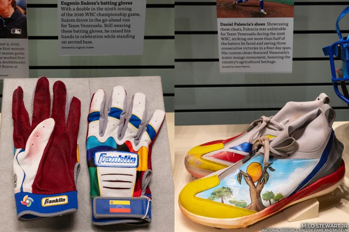 Two-panel image shows closeup of Eugenio Suárez’s batting gloves and Daniel Palencia’s shoes on exhibit. (Milo Stewart Jr./National Baseball Hall of Fame and Museum)
