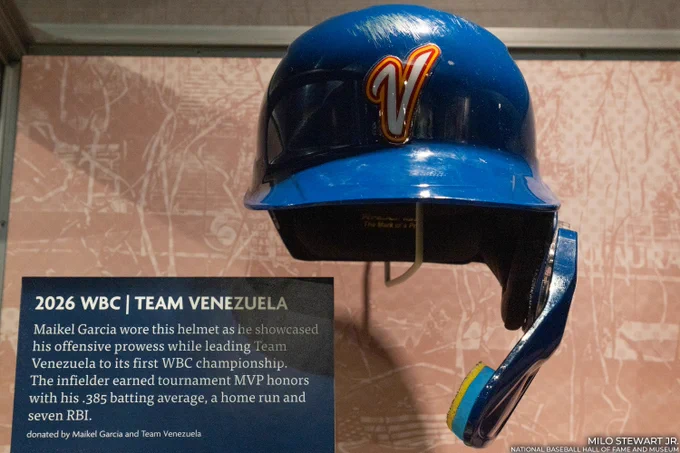 Blue Team Venezuela helmet worn by Maikel Garcia on exhibit. (Milo Stewart Jr./National Baseball Hall of Fame and Museum)