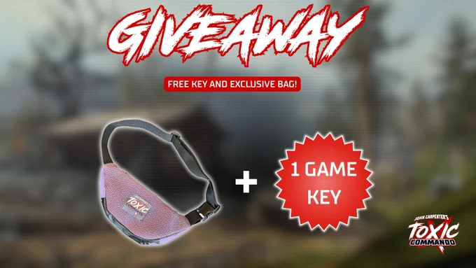Purple waist bag with 'Toxic Commando' logo paired with a free game key in a giveaway promotion.