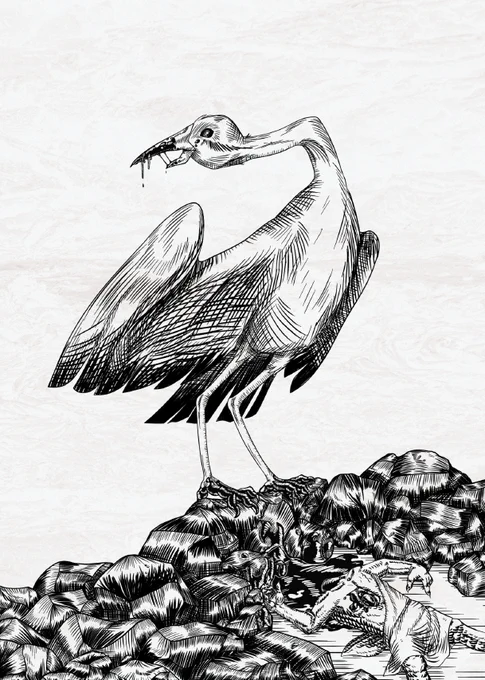 A big vulture-like bird with a bloody, dagger-like beak. It's eaten the head of a kobold