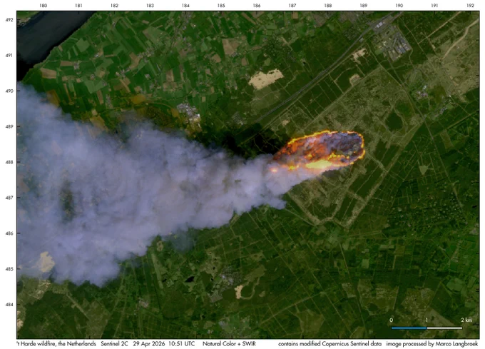 Sentinel 2C image detail showing the wildfire at 't Harde, the Netherlands. Combination of visual channels   SWIR. Contains modified Copernicus Sentinel data. Image processed by Marco Langbroek