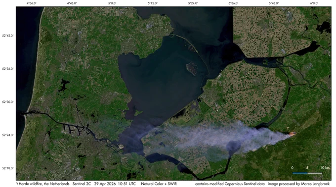 Sentinel 2C image showing the wildfire at 't Harde, the Netherlands. Combination of visual channels   SWIR. Contains modified Copernicus Sentinel data. Image processed by Marco Langbroek