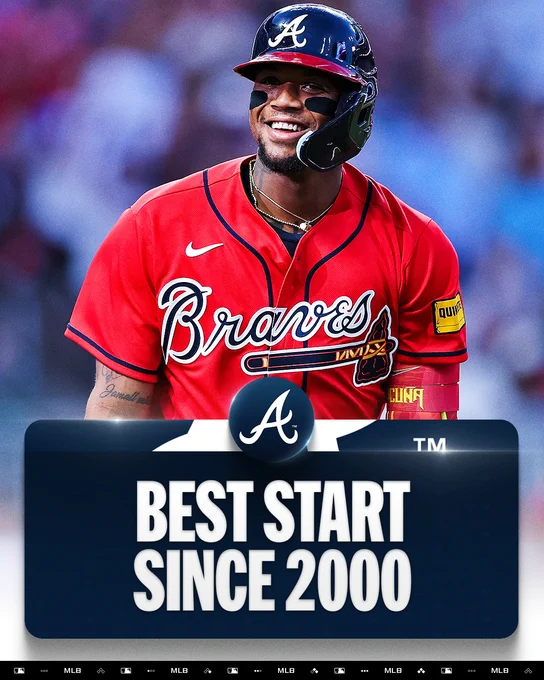 Best start since 2000
Atlanta Braves
Pictured: Ronald Acuña Jr. smiles wearing a red Braves jersey and a navy helmet.